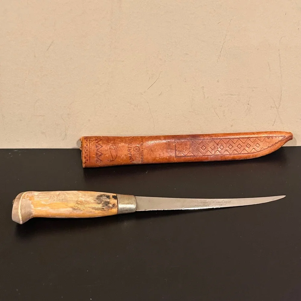 Vintage J Marttiini Finland Fillet Knife Stainless Steel Birch Leather Sheath